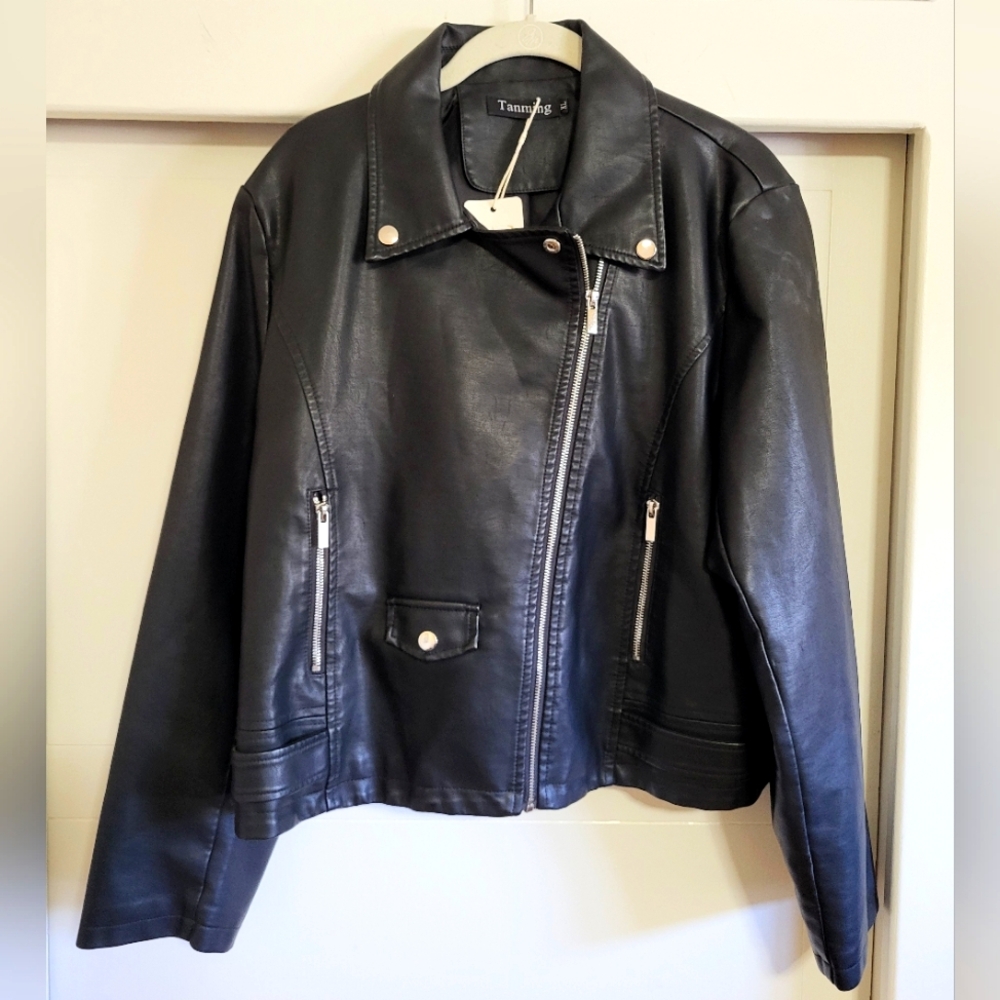 Women's Tanming Faux Moto Black Leather Jacket